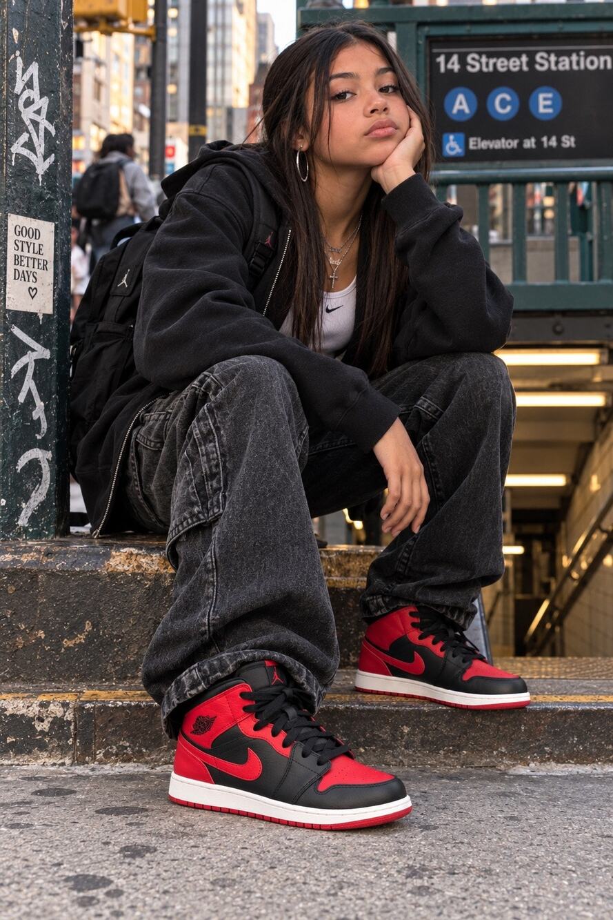 Nike Air Jordan 1 Mid Banned Bred GS 6Y Black Red Retro Sneakers